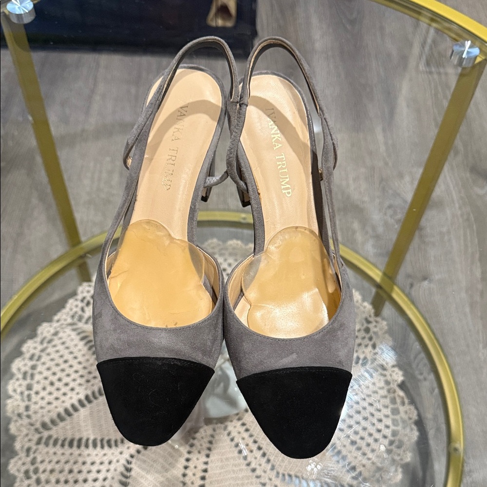 Ivanka Trump Gray and Black Suede Slingback Pumps